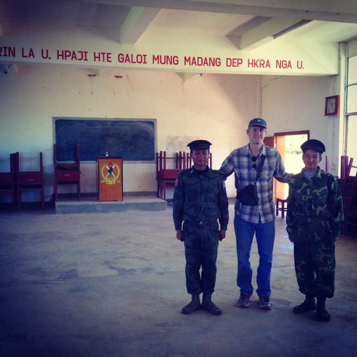 The author with rebel soldiers in Laiza, Kachin state in November, 2014.